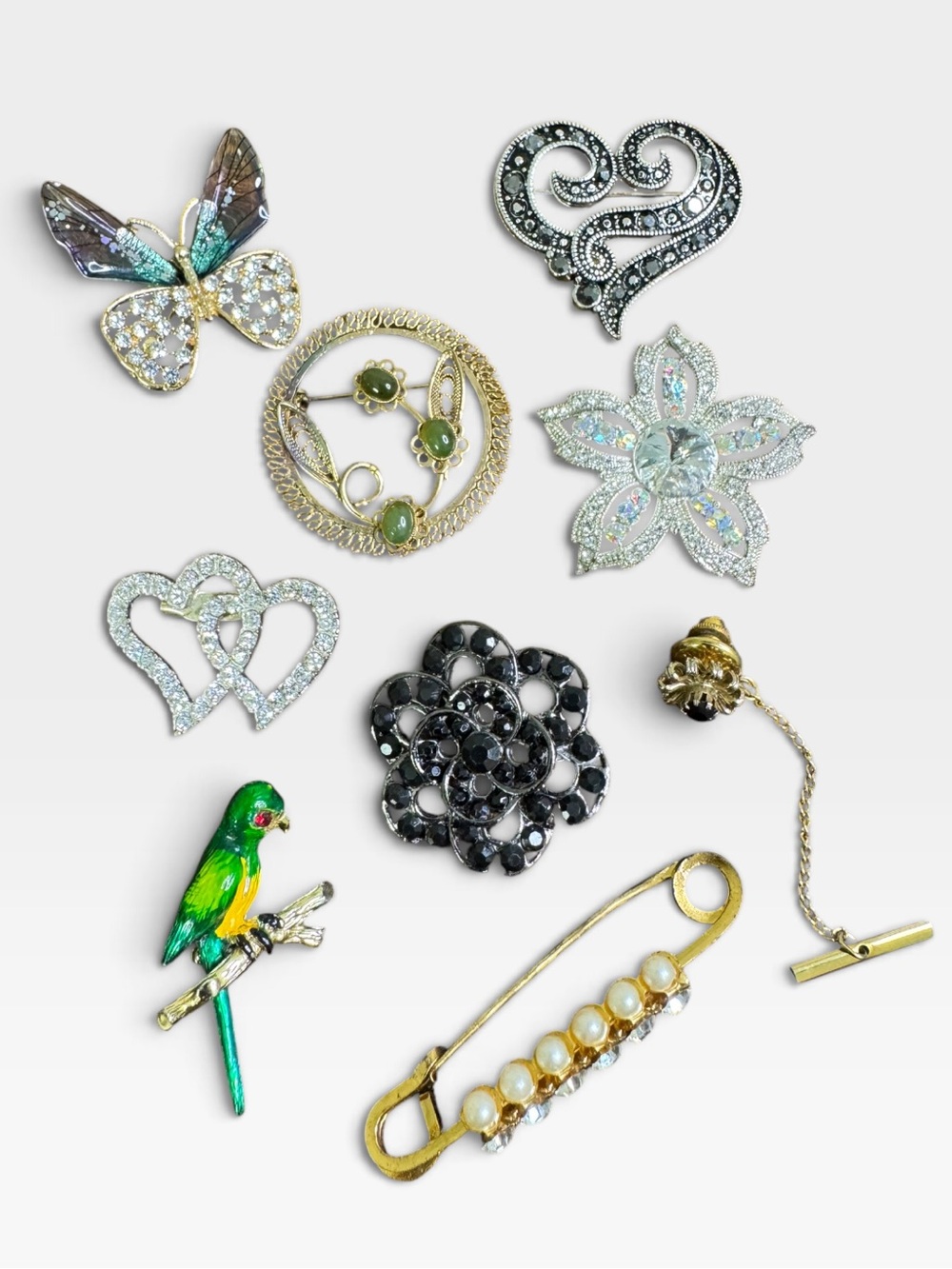 Assorted Jewelry Brooch Pin Bundle - Green Parrot, Butterfly Heart Flower Jade